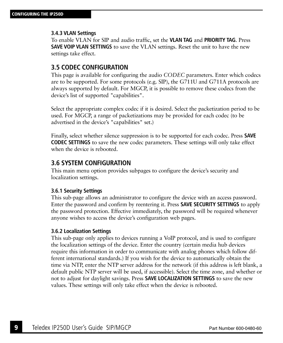 Teledex IP250DVoIP manual Codec Configuration, System Configuration, Security Settings, Localization Settings 