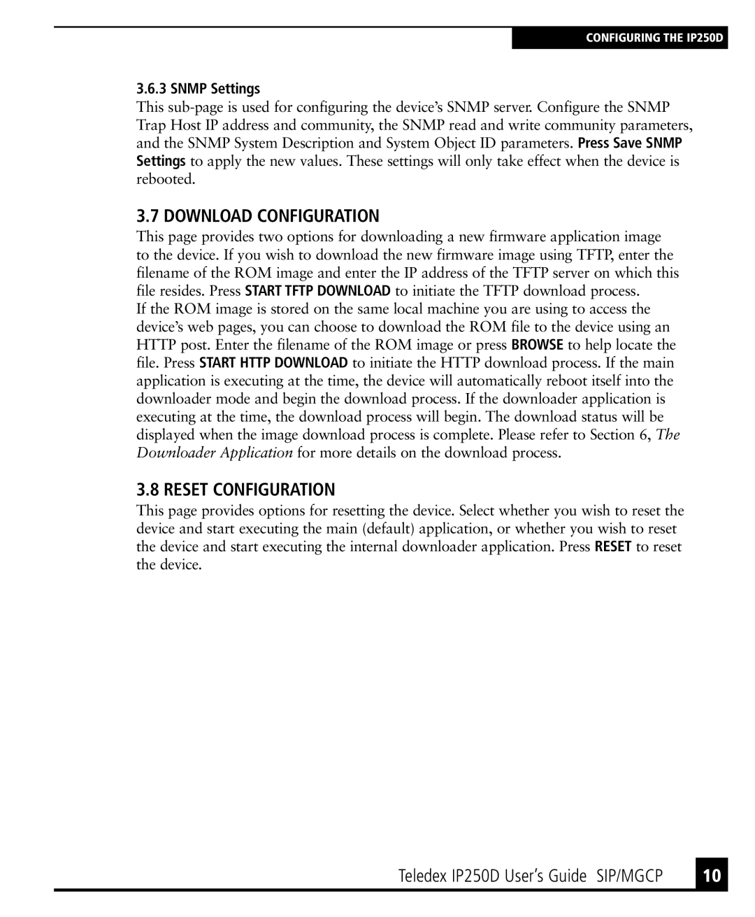 Teledex IP250DVoIP manual Download Configuration, Reset Configuration, Snmp Settings 