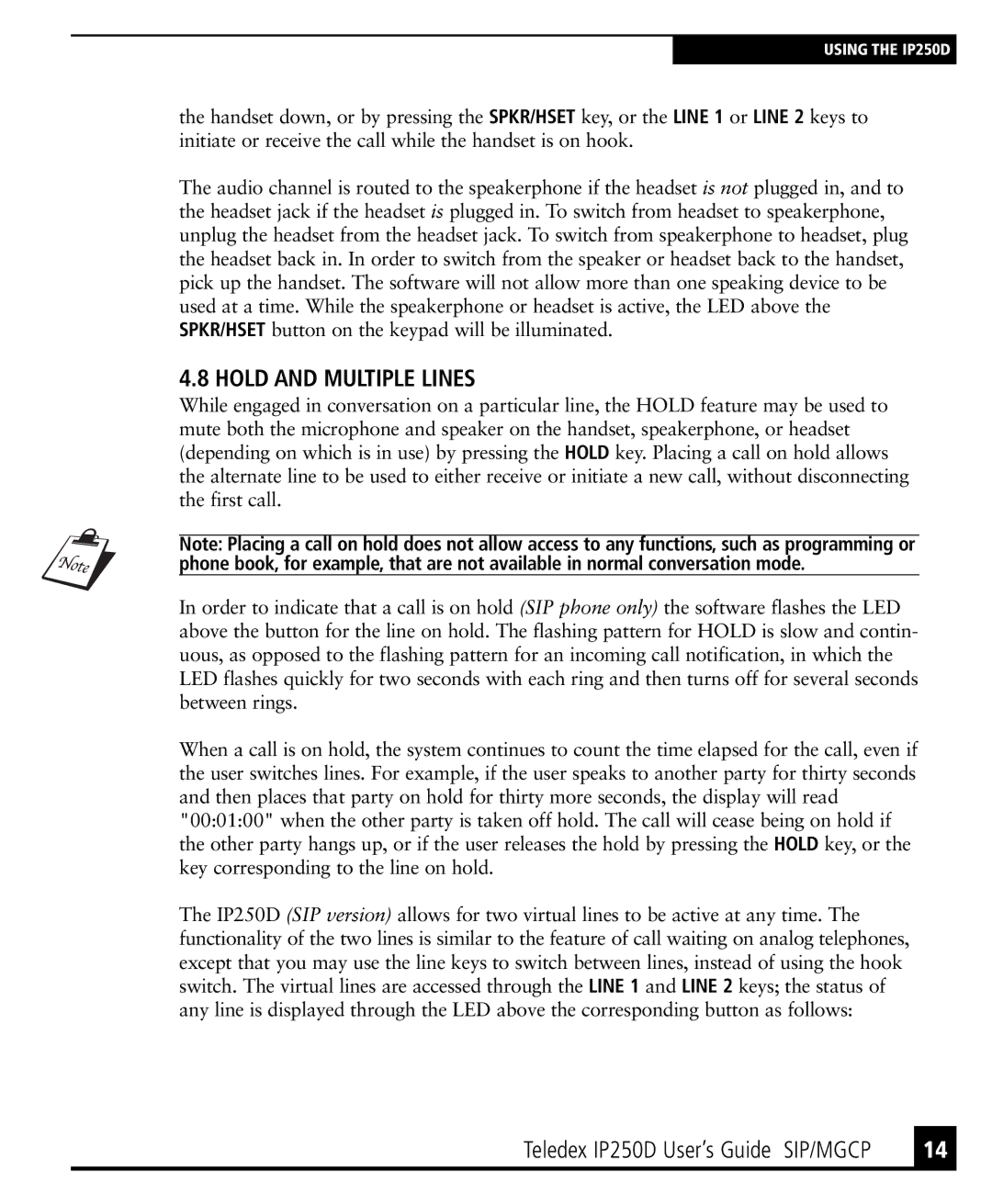 Teledex IP250DVoIP manual Hold and Multiple Lines 