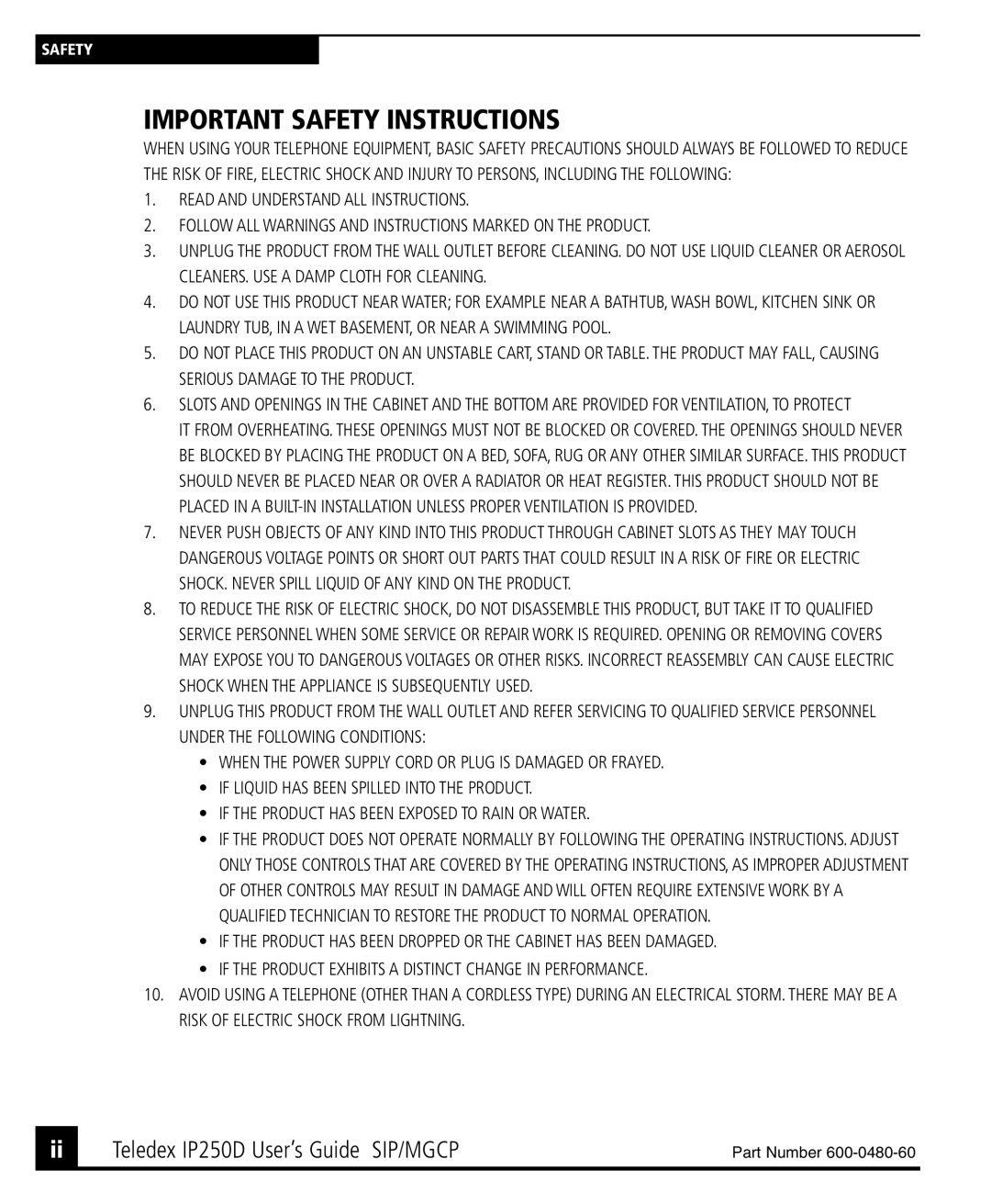 Teledex IP250DVoIP manual Important Safety Instructions 