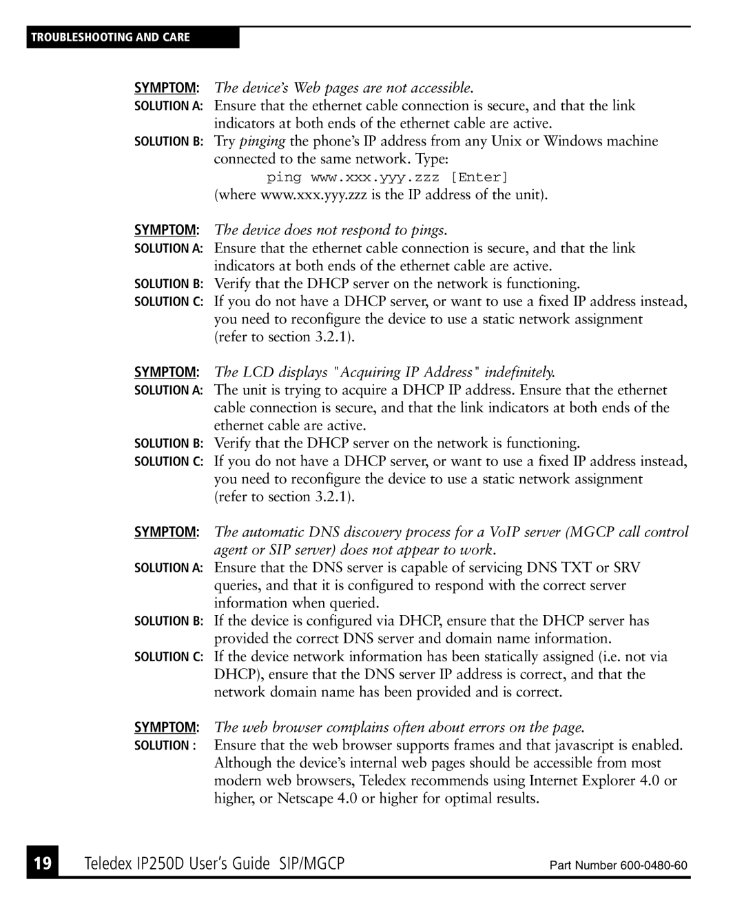 Teledex IP250DVoIP manual Symptom 