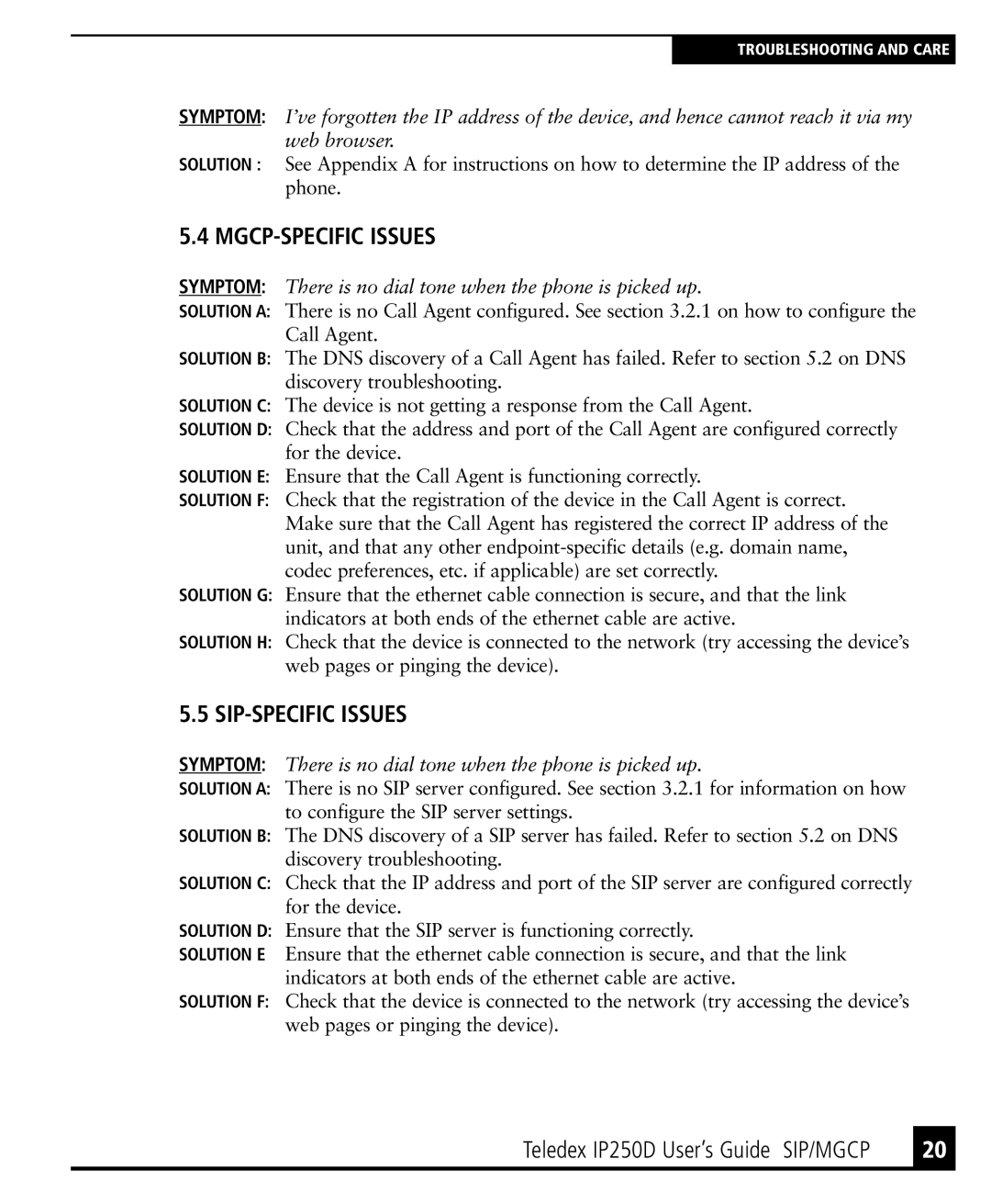 Teledex IP250DVoIP manual MGCP-SPECIFIC Issues, SIP-SPECIFIC Issues 