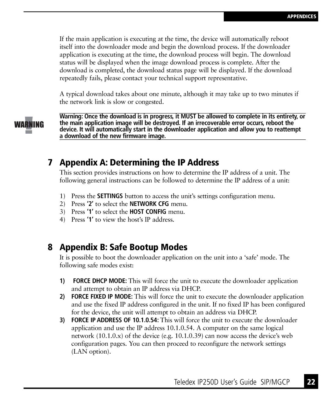 Teledex IP250DVoIP Appendix a Determining the IP Address, Appendix B Safe Bootup Modes, Download of the new firmware image 