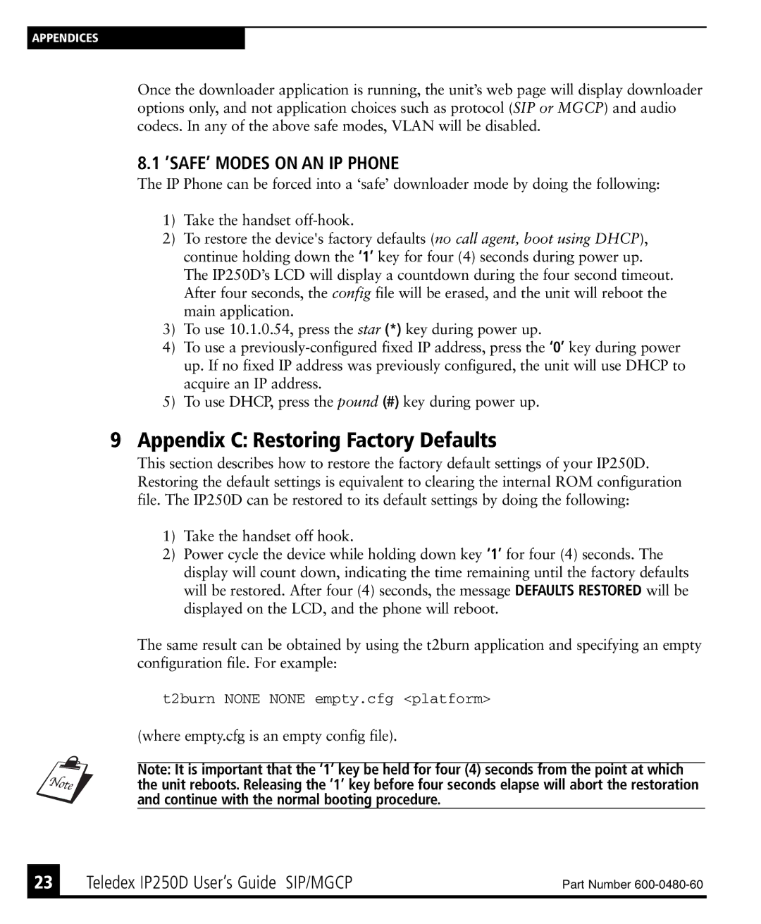 Teledex IP250DVoIP manual Appendix C Restoring Factory Defaults, ’SAFE’ Modes on AN IP Phone 