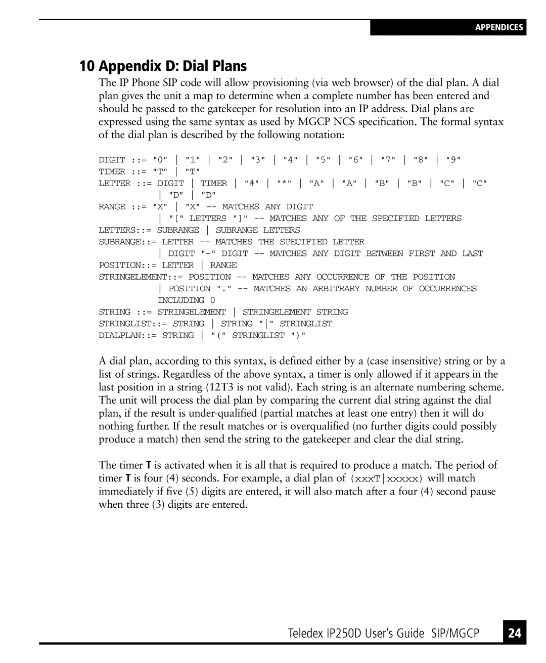 Teledex IP250DVoIP manual Appendix D Dial Plans 