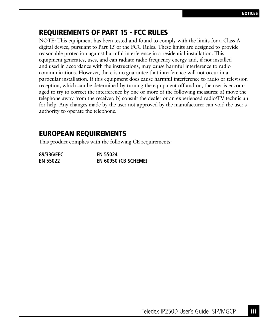 Teledex IP250DVoIP manual Requirements of Part 15 FCC Rules European Requirements, 89/336/EEC 