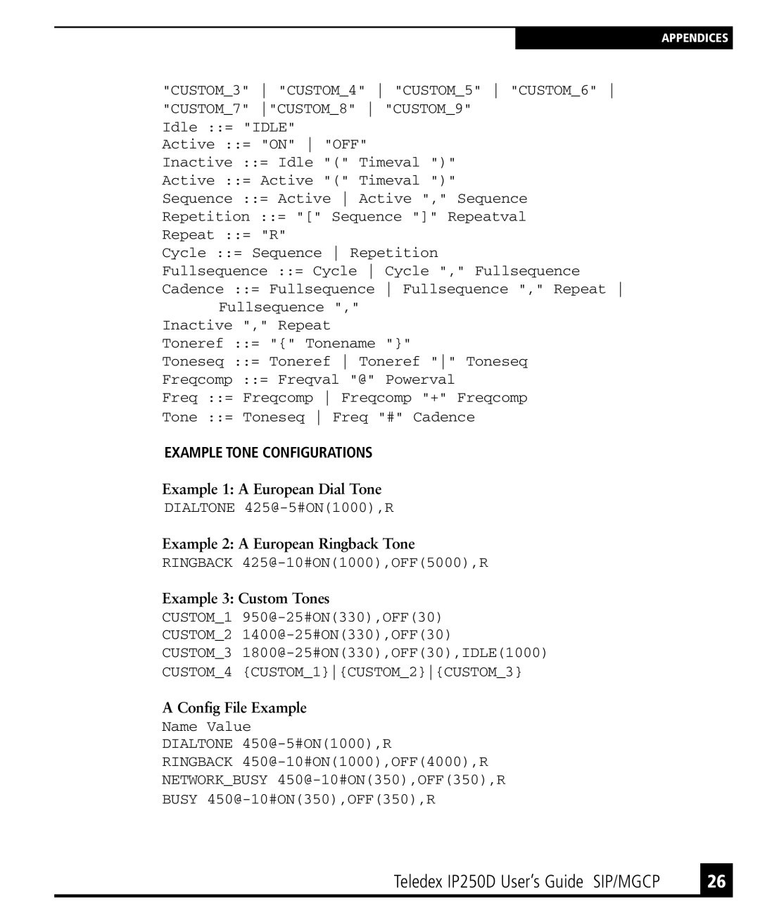 Teledex IP250DVoIP manual CUSTOM3 CUSTOM4 CUSTOM5 CUSTOM6 CUSTOM7 CUSTOM8 CUSTOM9, Example Tone Configurations 