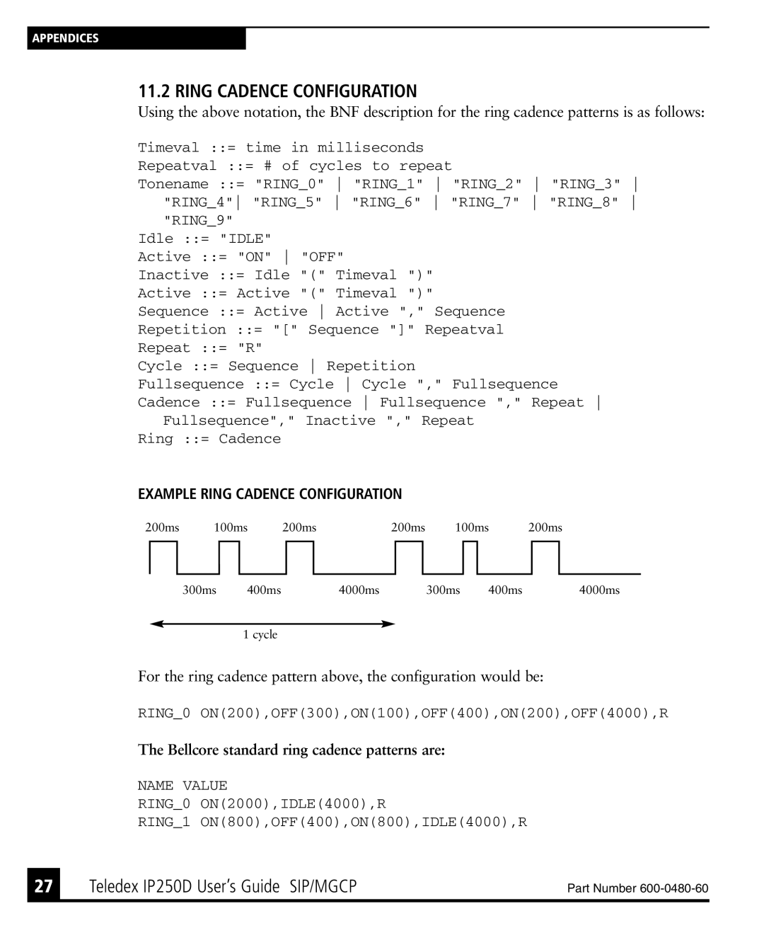 Teledex IP250DVoIP manual Example Ring Cadence Configuration 