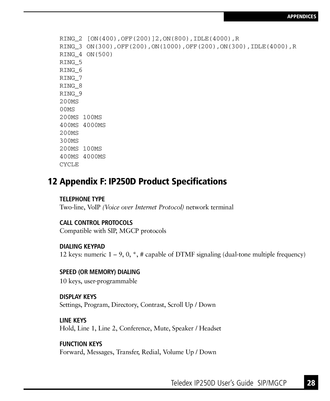 Teledex IP250DVoIP manual Appendix F IP250D Product Specifications 