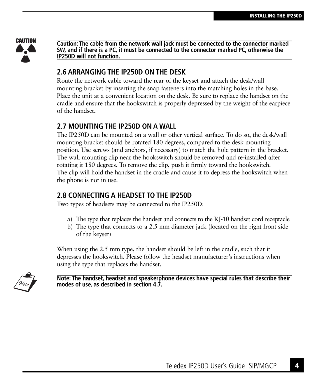 Teledex IP250DVoIP Arranging the IP250D on the Desk, Mounting the IP250D on a Wall, Connecting a Headset to the IP250D 