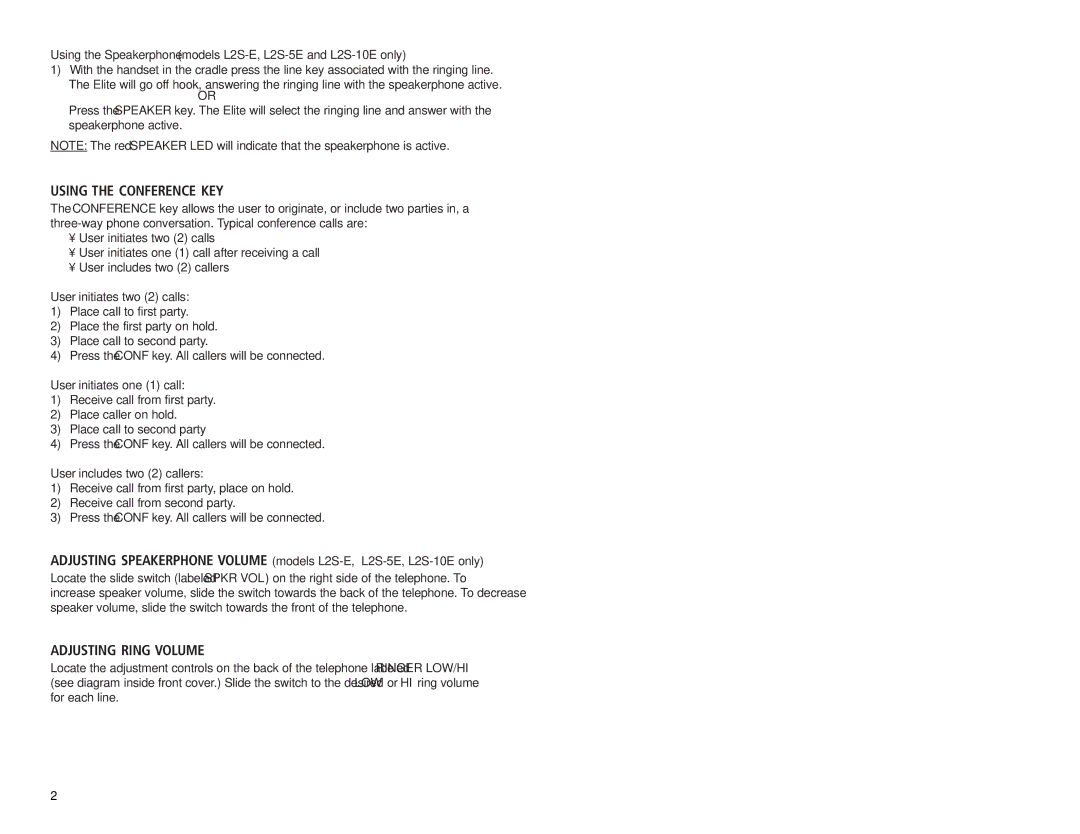 Teledex L2-5E Using the Conference KEY, Adjusting Ring Volume, Using the Hold KEY, To Remove a Call from Hold, Redial 