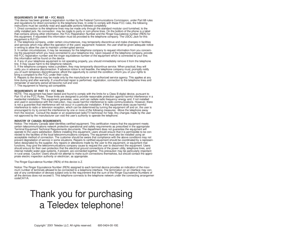 Teledex L2-10E, L2S-10E, L2S-E, L2S-5E, L2-5E, L2-E manual Thank you for purchasing Teledex telephone 