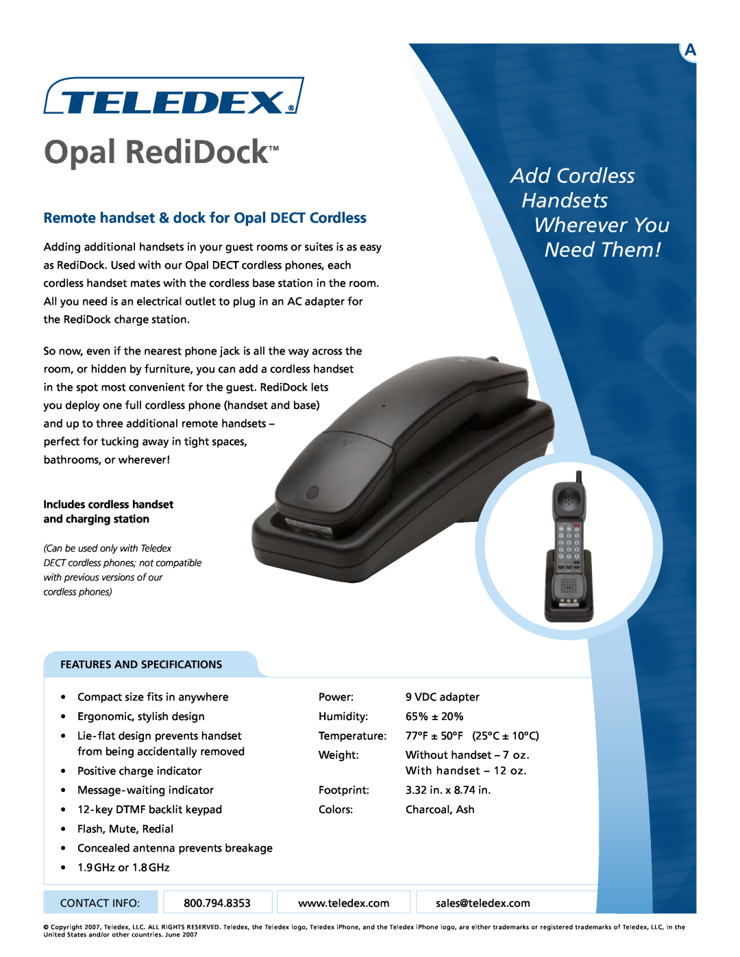 Teledex Opal RediDock specifications Add Cordless Handsets Wherever You Need Them, Features And Specifications 