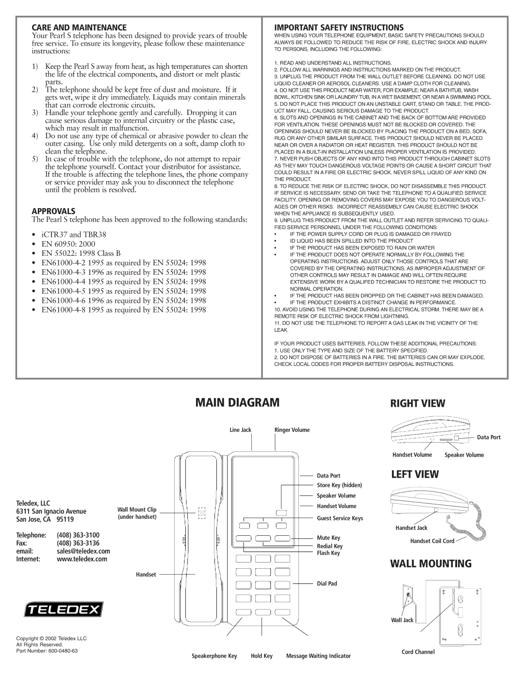 Teledex Pearl S manual Care and Maintenance, Approvals, Important Safety Instructions 