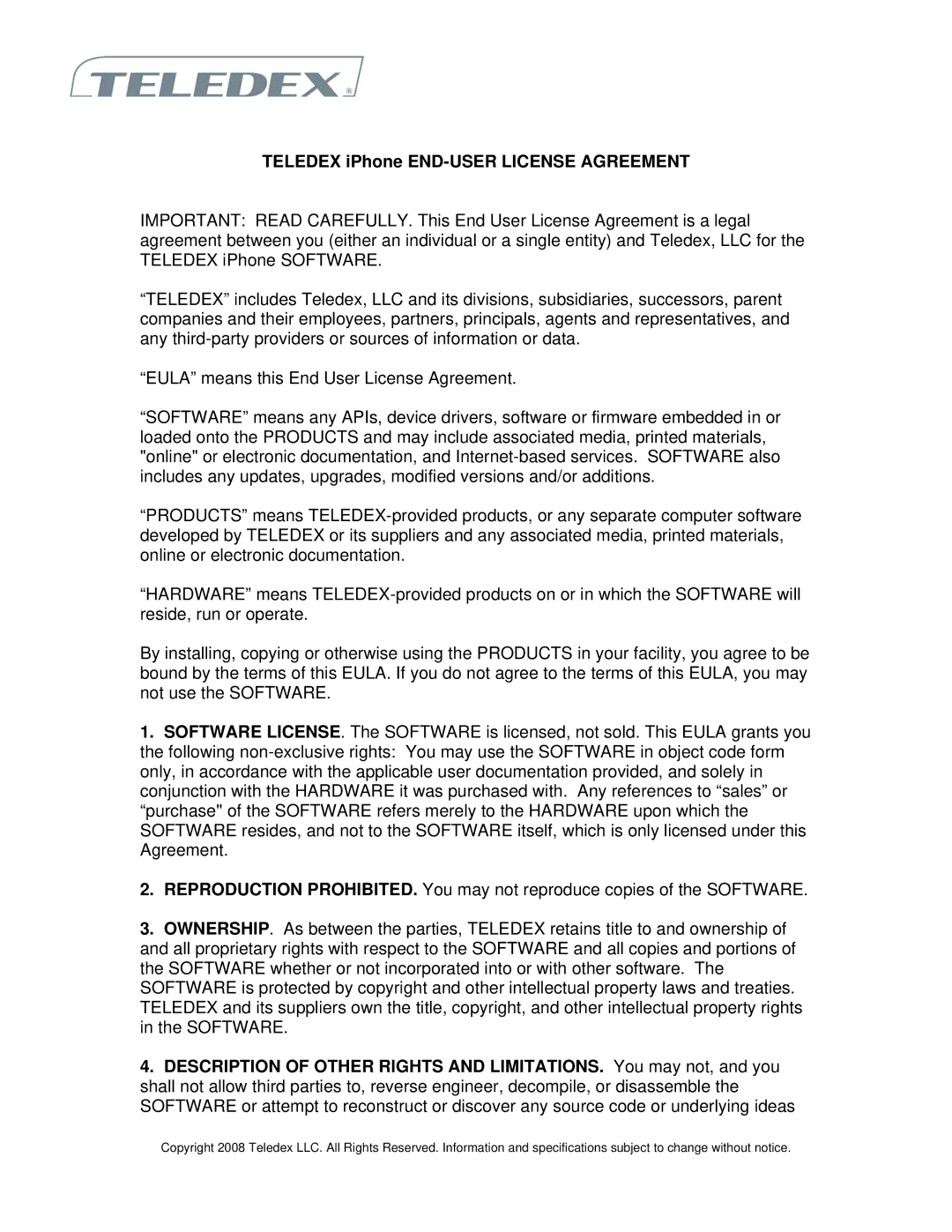 Teledex SIP LD4100, SIP LD4200 important safety instructions Teledex iPhone END-USER License Agreement 