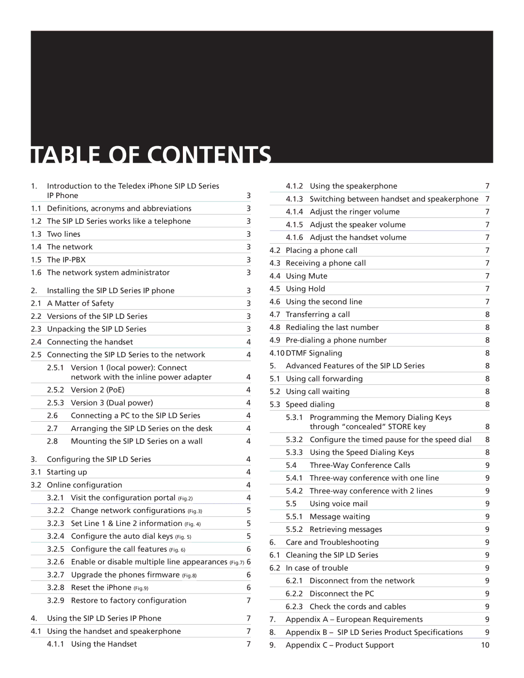 Teledex SIP LD4200, SIP LD4100 important safety instructions Table of Contents 