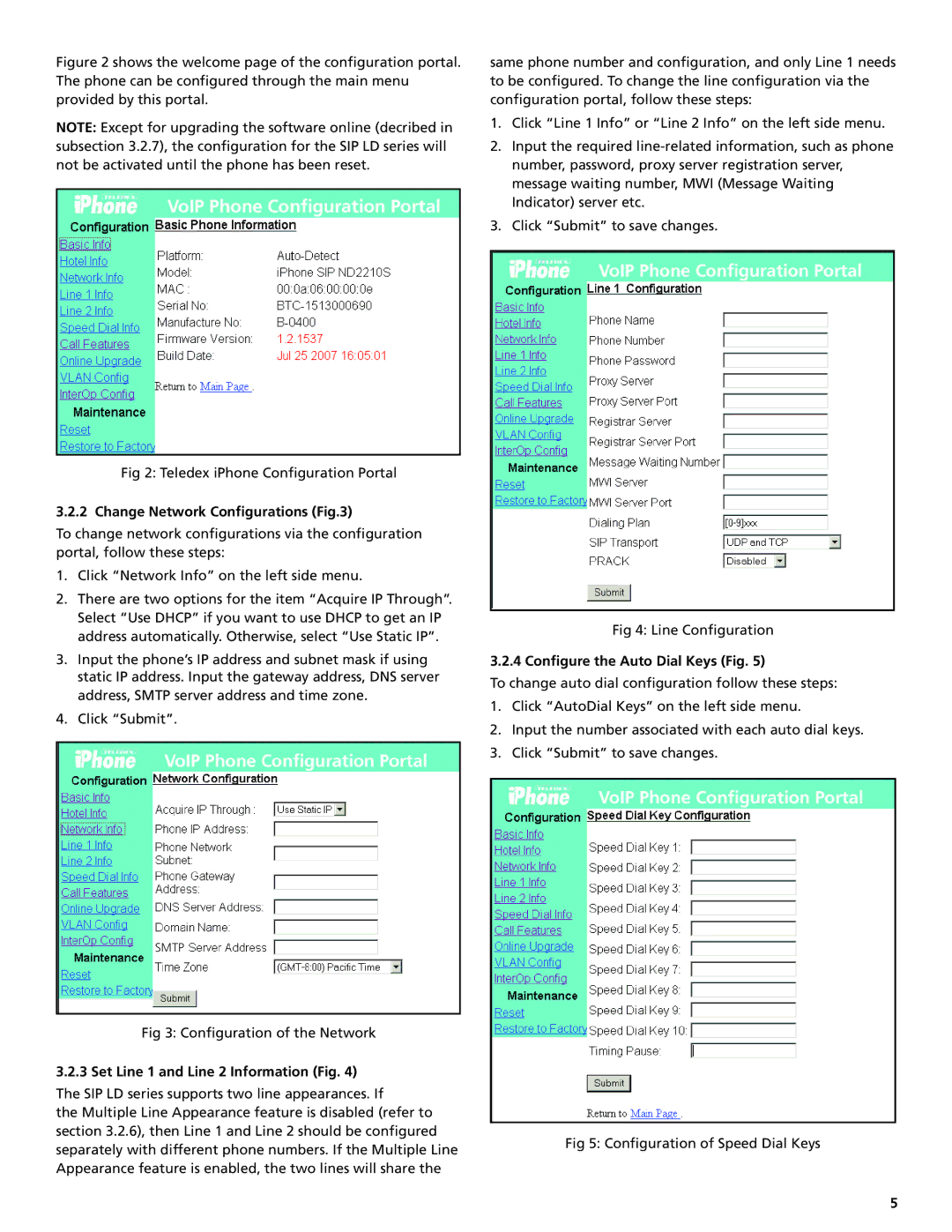 Teledex SIP LD4100 Change Network Configurations, Configure the Auto Dial Keys Fig, Set Line 1 and Line 2 Information Fig 