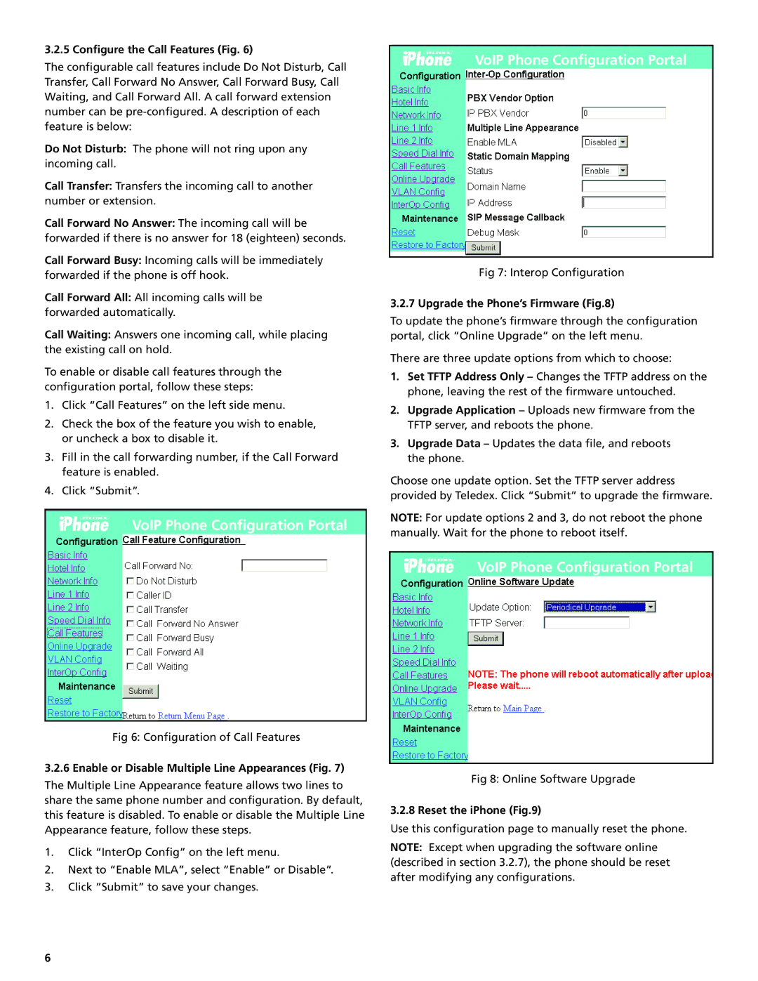 Teledex SIP LD4200 Configure the Call Features Fig, Enable or Disable Multiple Line Appearances Fig, Reset the iPhone 