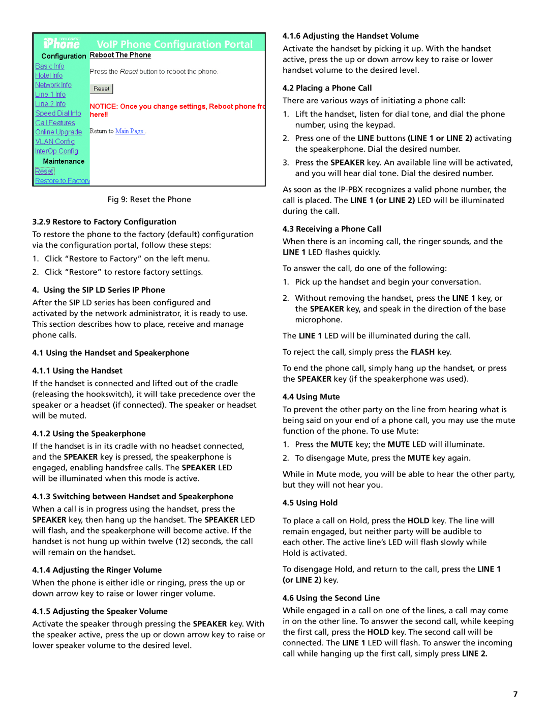 Teledex SIP LD4100 Restore to Factory Configuration, Using the SIP LD Series IP Phone, Using the Handset and Speakerphone 