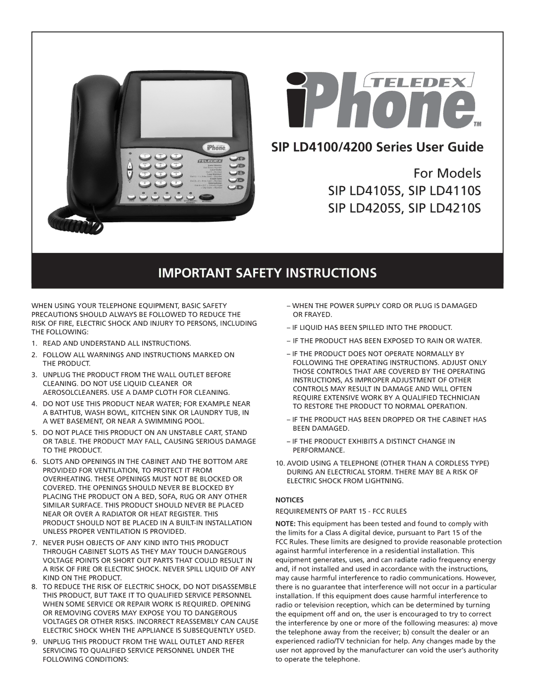 Teledex SIP LD4205S, SIP LD4210S, SIP LD4105S, SIP LD4110S important safety instructions Important Safety Instructions 