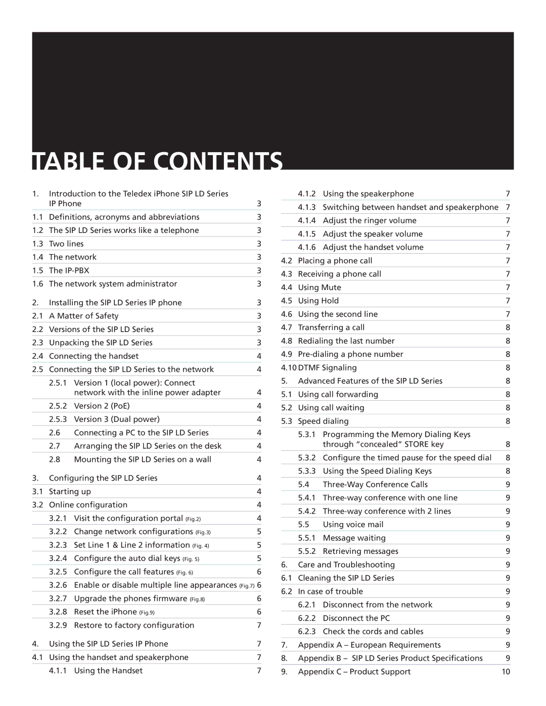 Teledex SIP LD4105S, SIP LD4210S, SIP LD4205S, SIP LD4110S important safety instructions Table of Contents 