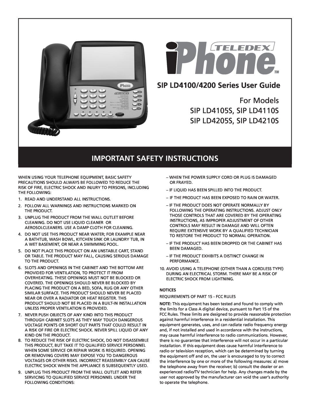 Teledex SIP LD4205S important safety instructions SIP LD4100/4200 Series User Guide, Important Safety Instructions 