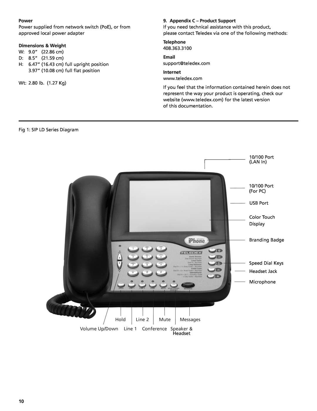 Teledex SIP LD4105S, SIP LD4210S Power, Dimensions & Weight, Appendix C - Product Support, Telephone, Email, Internet 