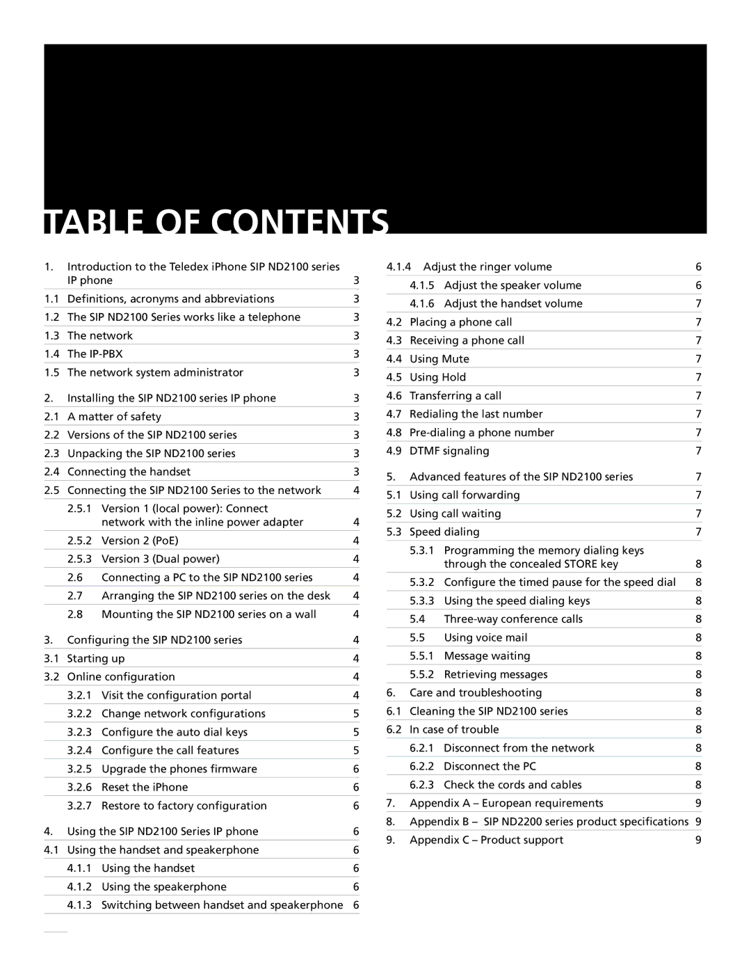 Teledex SIP ND2100 important safety instructions Table of Contents 