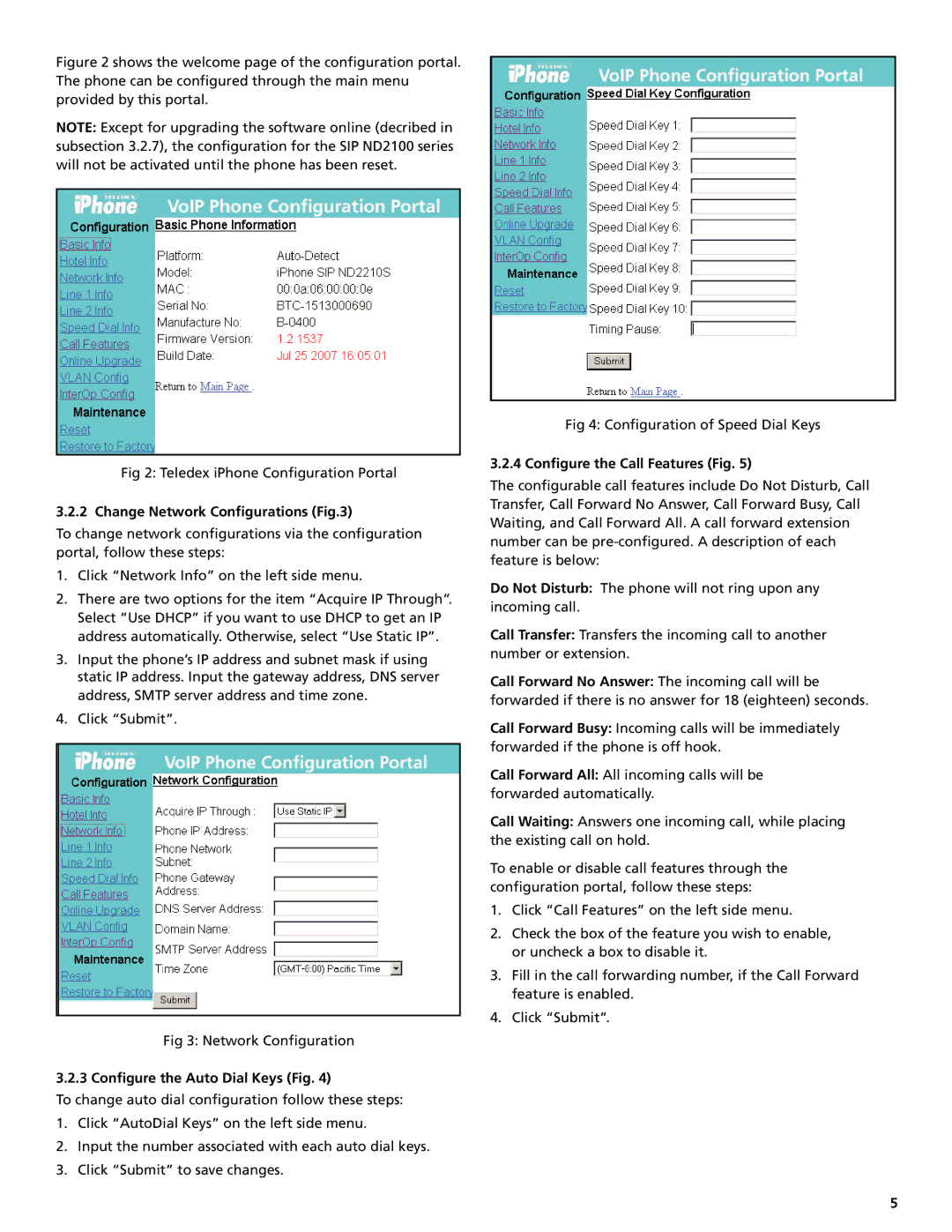 Teledex SIP ND2100 Change Network Configurations, Configure the Auto Dial Keys Fig, Configure the Call Features Fig 