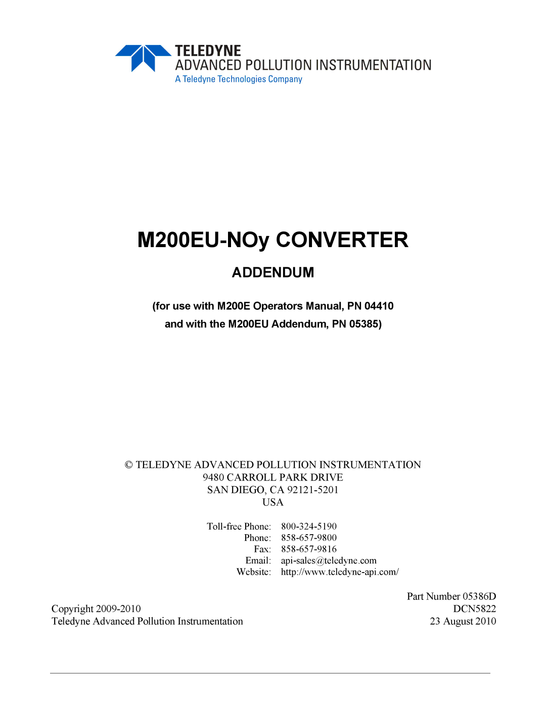 Teledyne 05386D manual M200EU-NOy Converter 