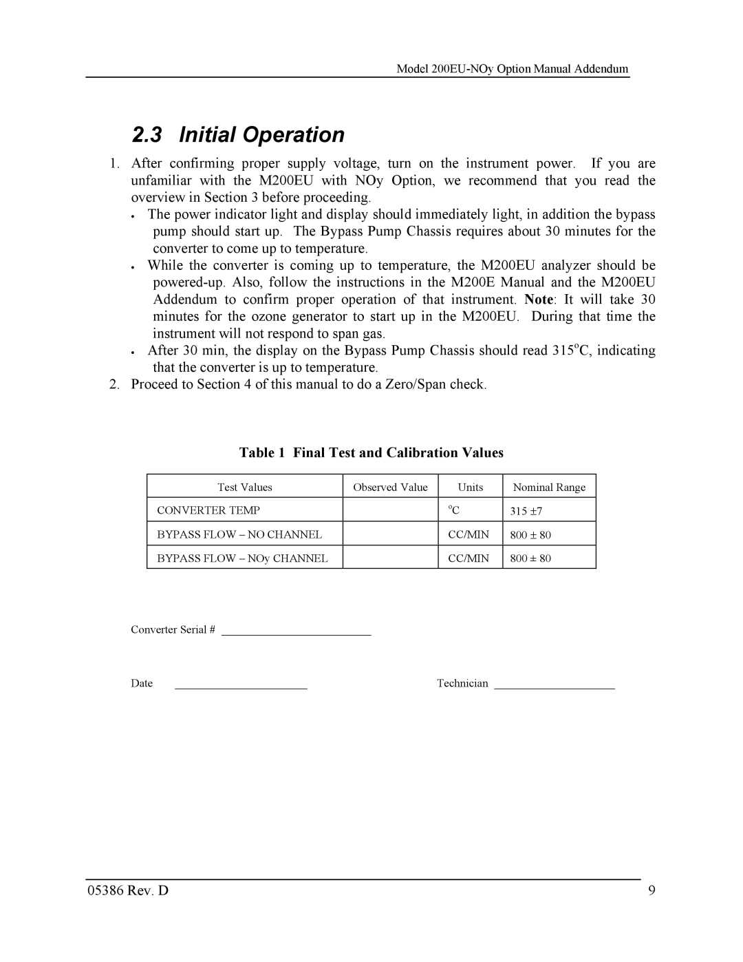 Teledyne 05386D manual Initial Operation, Final Test and Calibration Values 