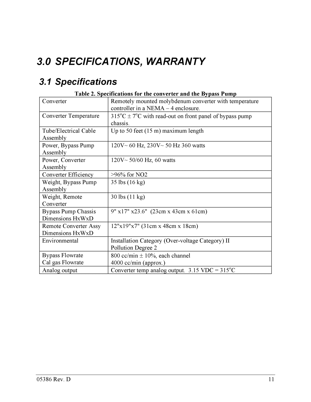 Teledyne 05386D manual SPECIFICATIONS, Warranty, Specifications 