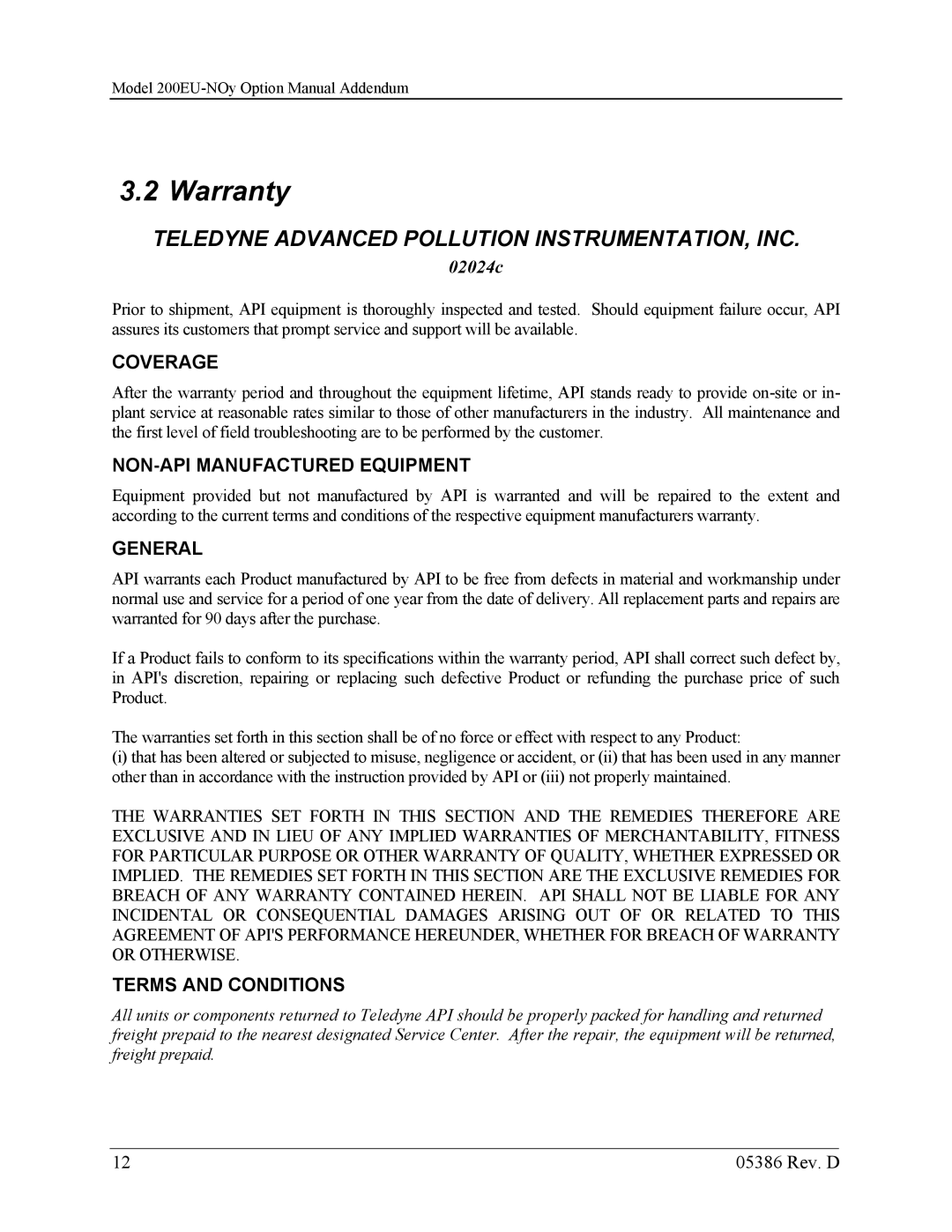 Teledyne 05386D manual Warranty, Teledyne Advanced Pollution INSTRUMENTATION, INC 