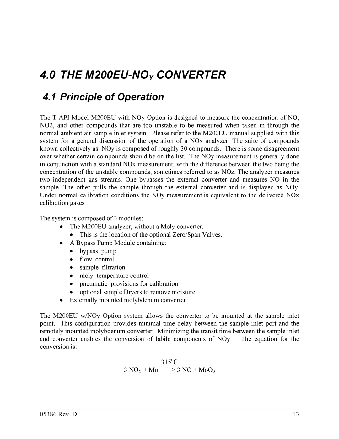 Teledyne 05386D manual M200EU-NOYCONVERTER, Principle of Operation 