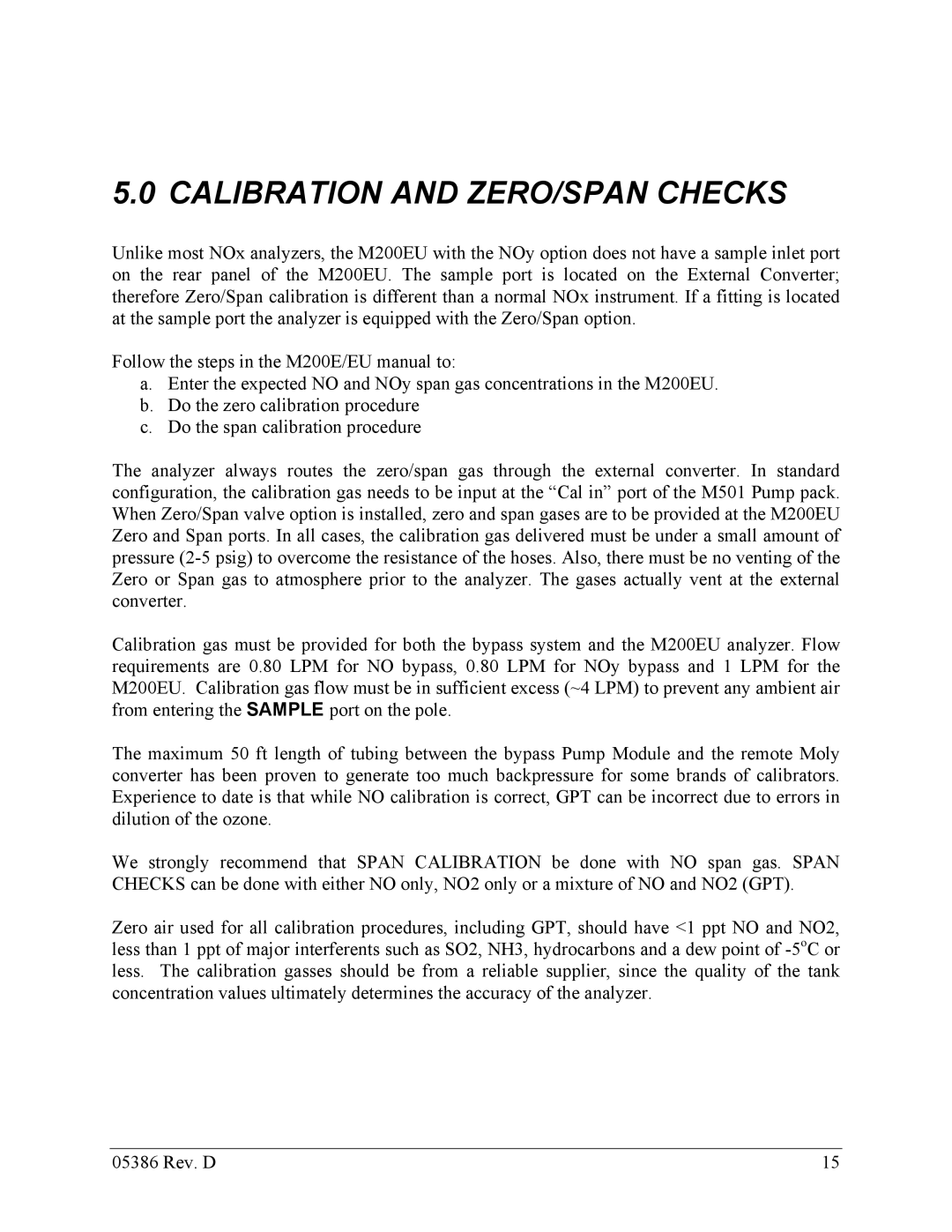 Teledyne 05386D manual Calibration and ZERO/SPAN Checks 