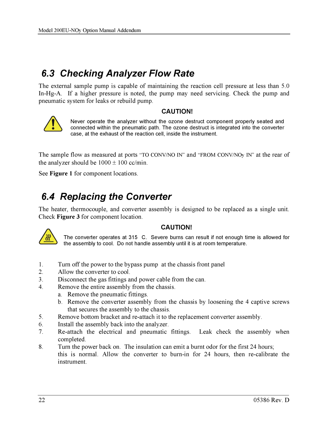 Teledyne 05386D manual Checking Analyzer Flow Rate, Replacing the Converter 