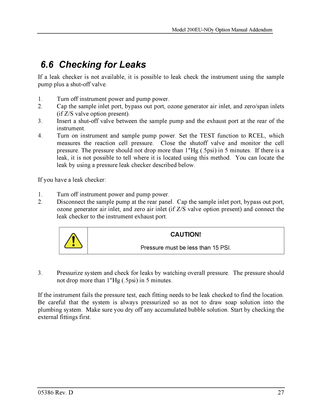 Teledyne 05386D manual Checking for Leaks 