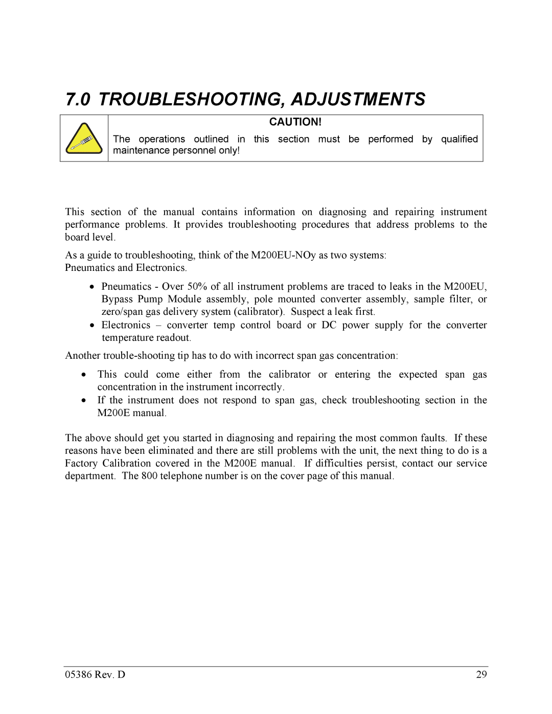 Teledyne 05386D manual TROUBLESHOOTING, Adjustments 