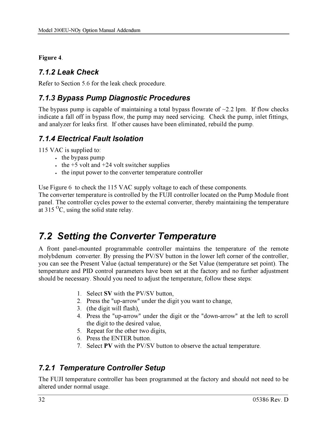 Teledyne 05386D manual Setting the Converter Temperature, Bypass Pump Diagnostic Procedures 