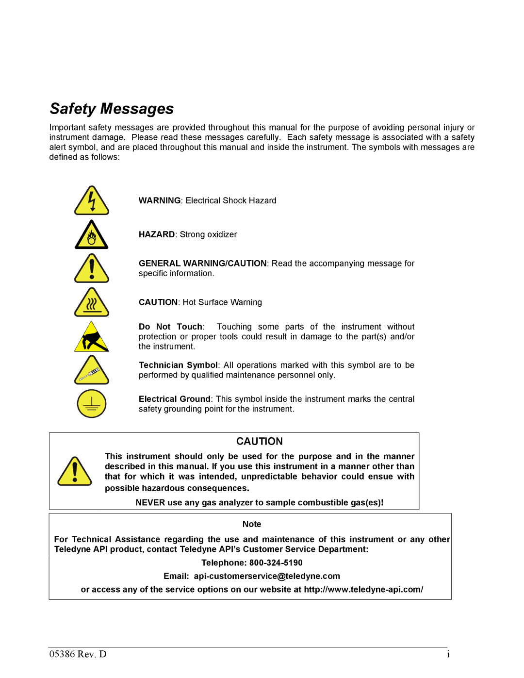 Teledyne 05386D manual Safety Messages 