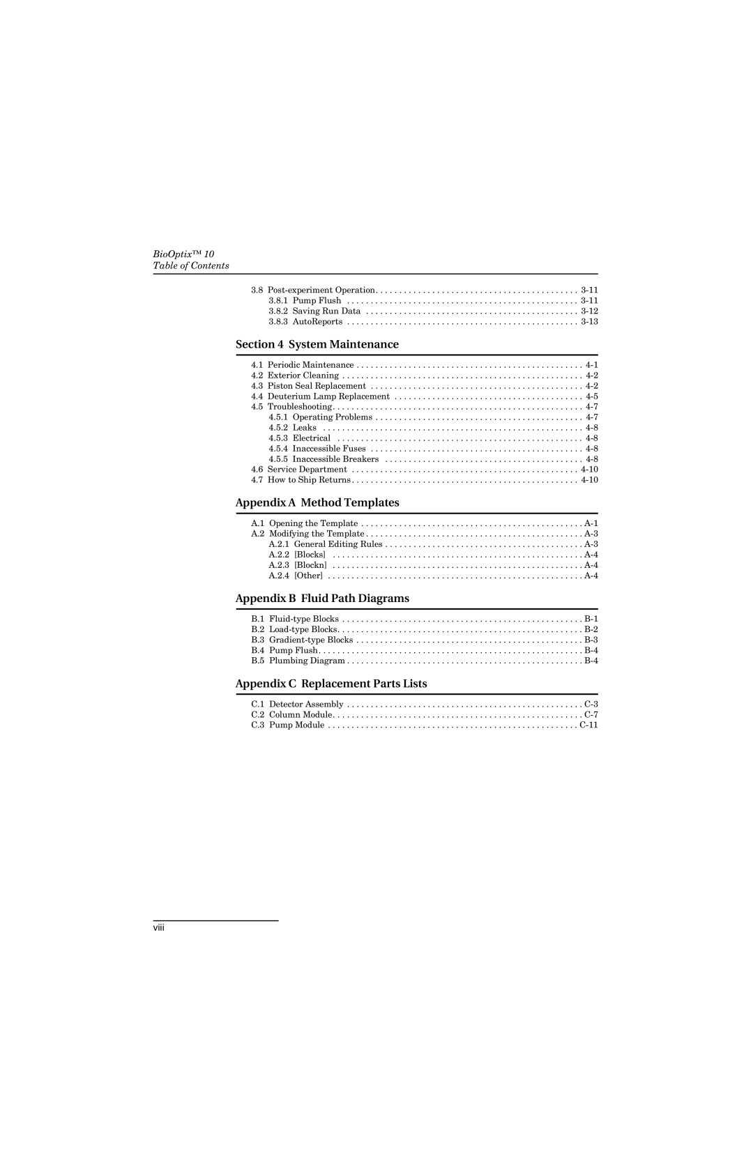 Teledyne 10 manual System Maintenance, Appendix a Method Templates, Appendix B Fluid Path Diagrams 