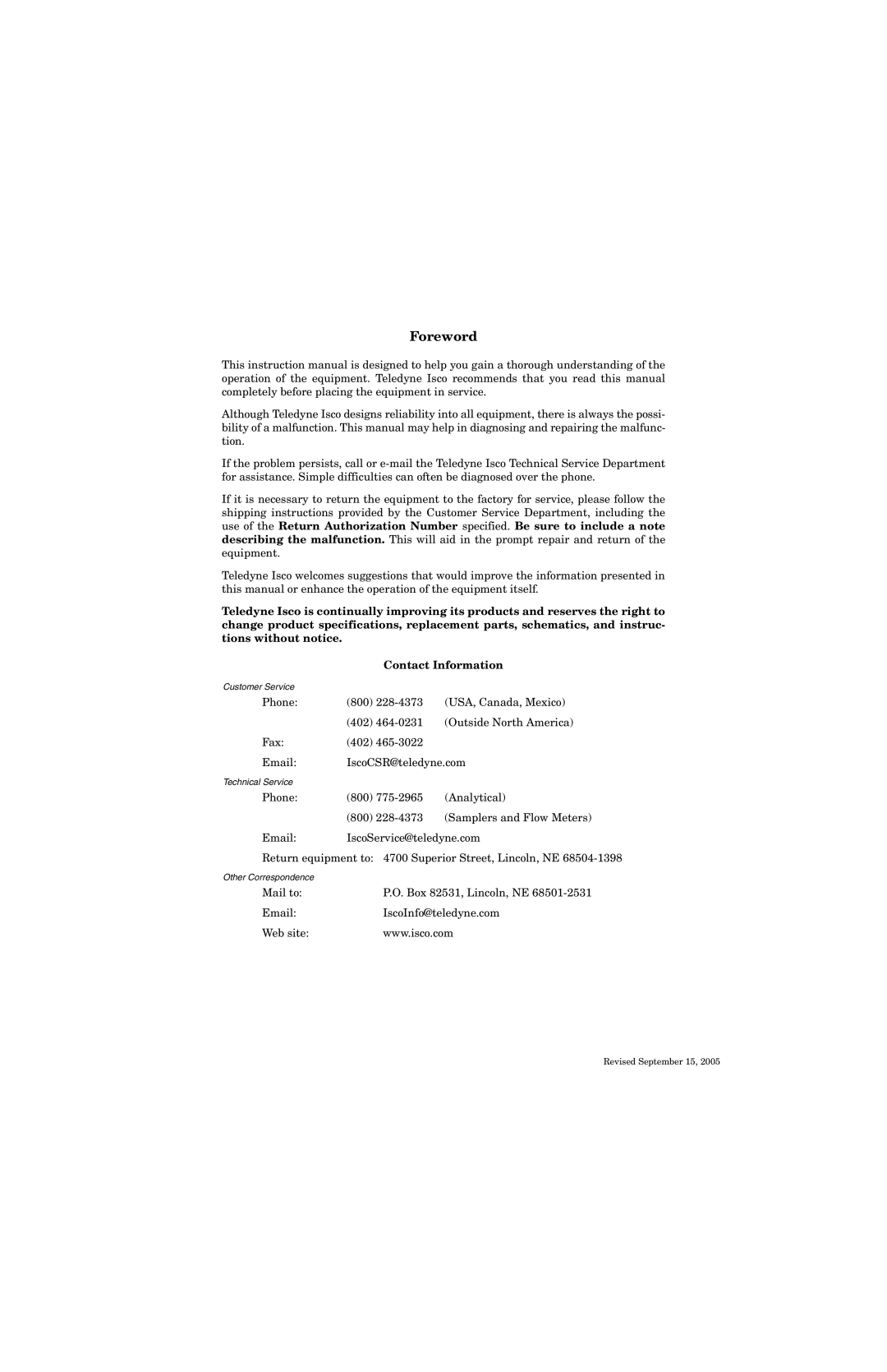 Teledyne 10 manual Foreword 