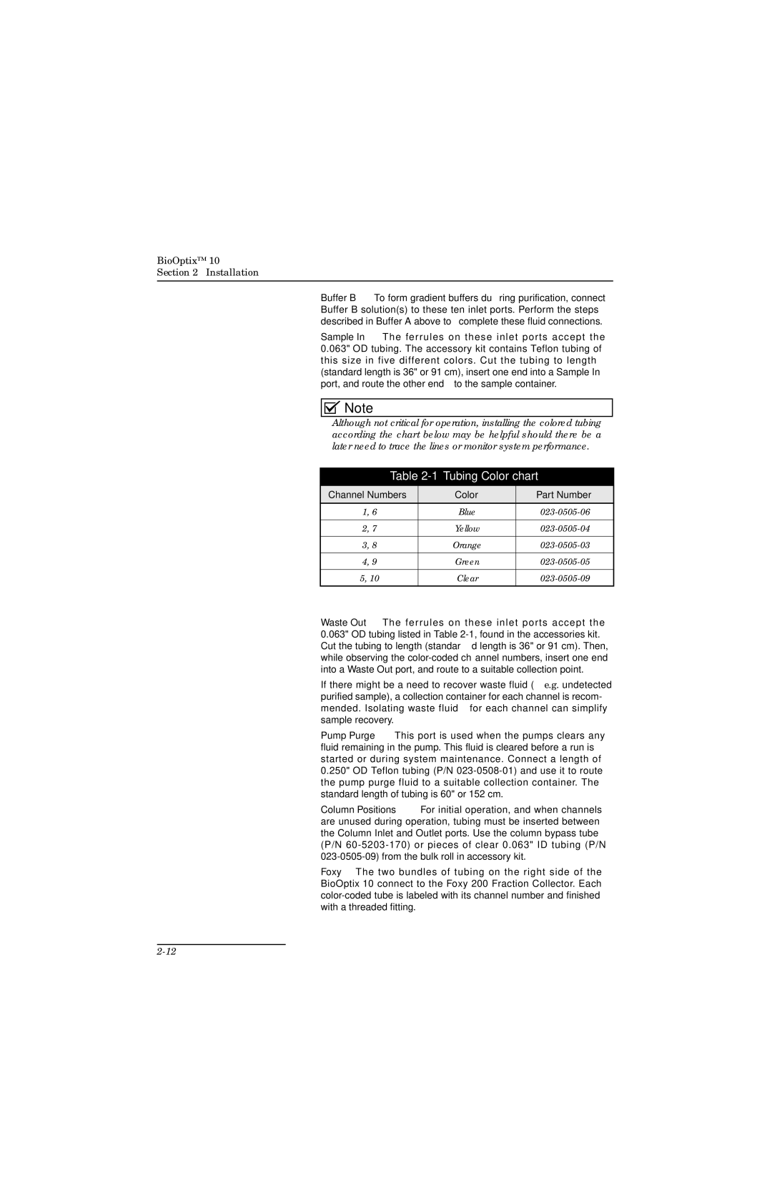 Teledyne 10 manual Tubing Color chart, Channel Numbers Color Part Number 