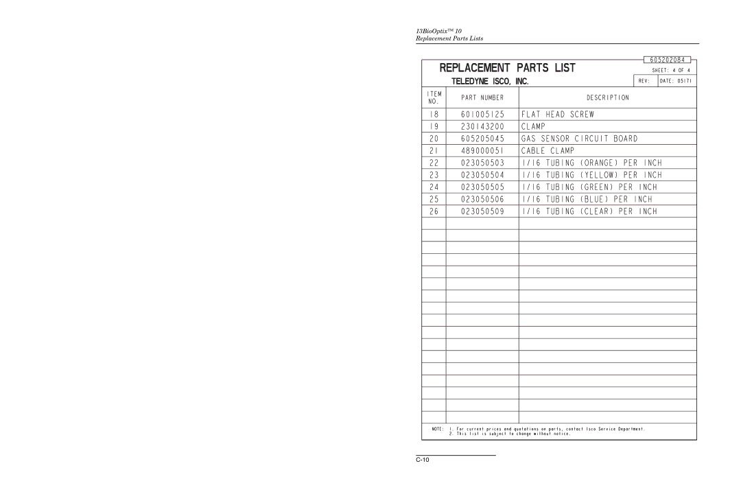 Teledyne manual 13BioOptix 10 Replacement Parts Lists 