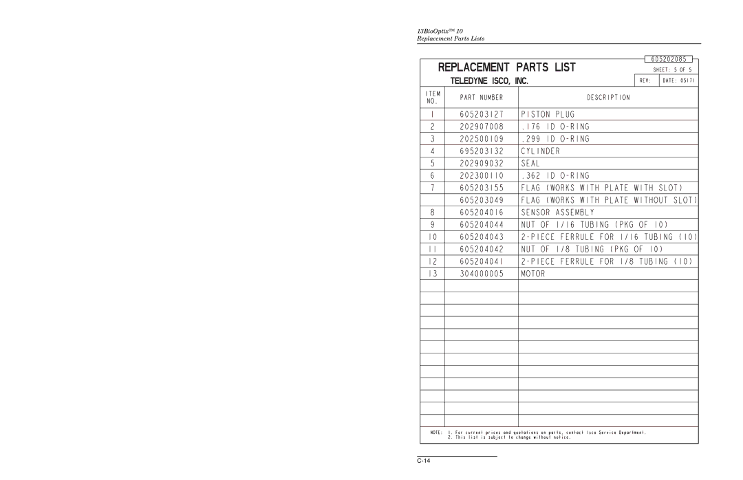 Teledyne manual 13BioOptix 10 Replacement Parts Lists 