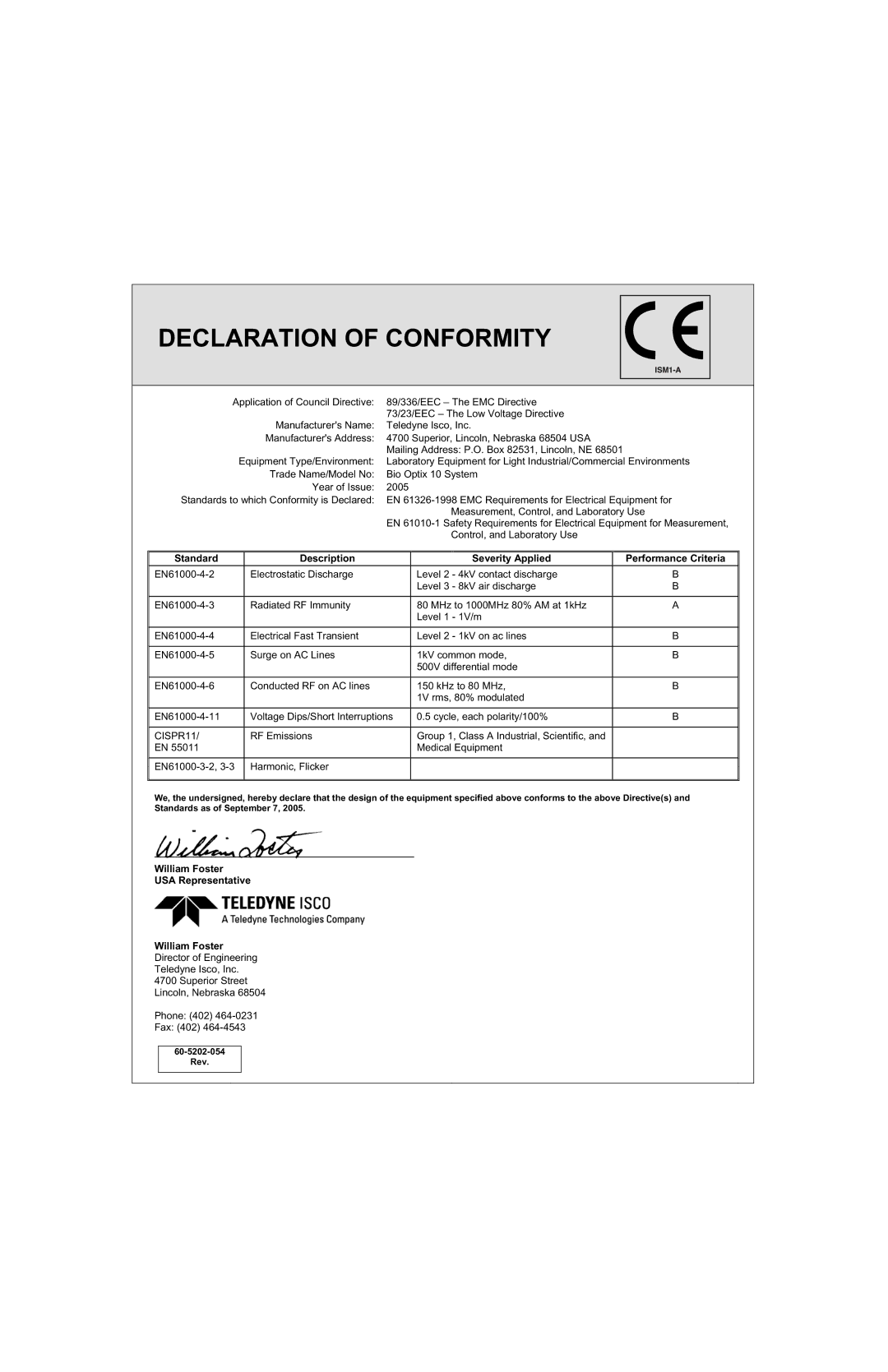 Teledyne 10 manual Declaration of Conformity 