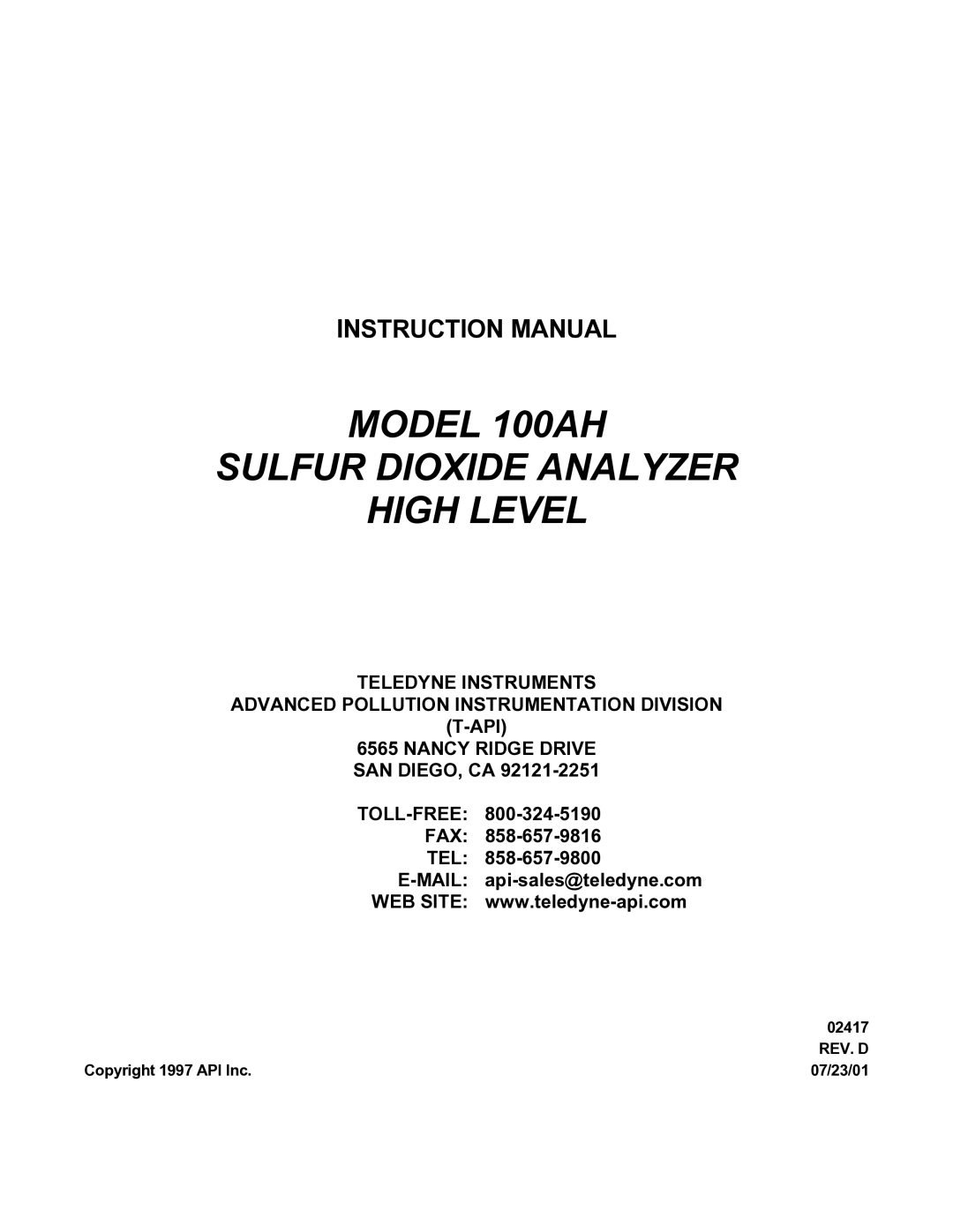 Teledyne instruction manual Model 100AH Sulfur Dioxide Analyzer High Level 