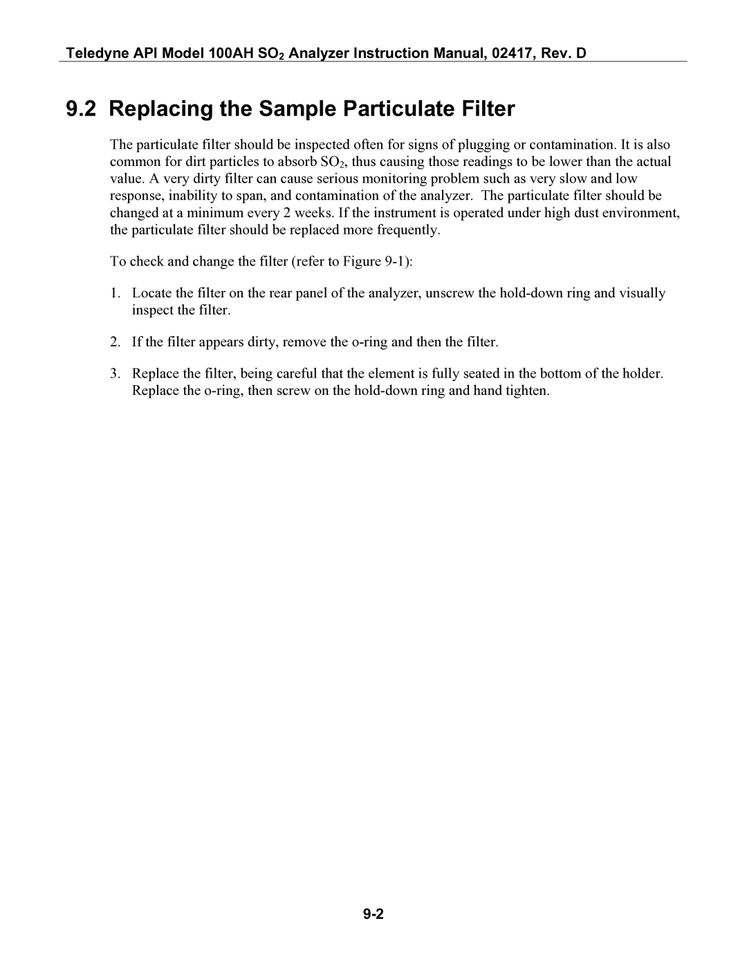 Teledyne 100AH instruction manual Replacing the Sample Particulate Filter 