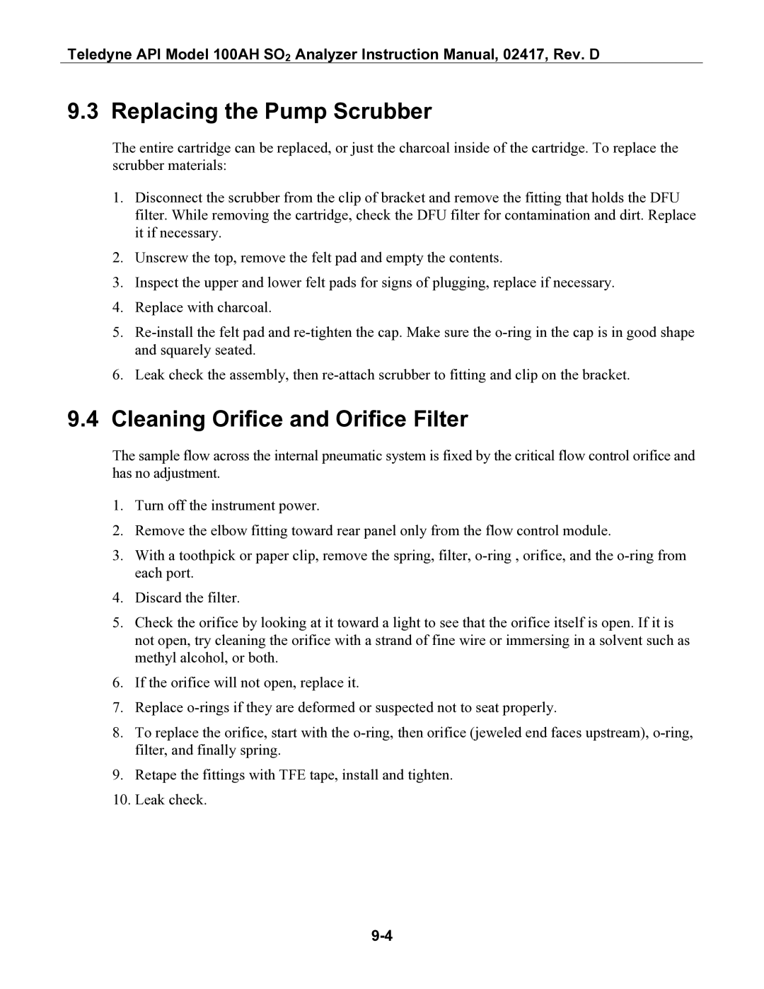 Teledyne 100AH instruction manual Replacing the Pump Scrubber, Cleaning Orifice and Orifice Filter 