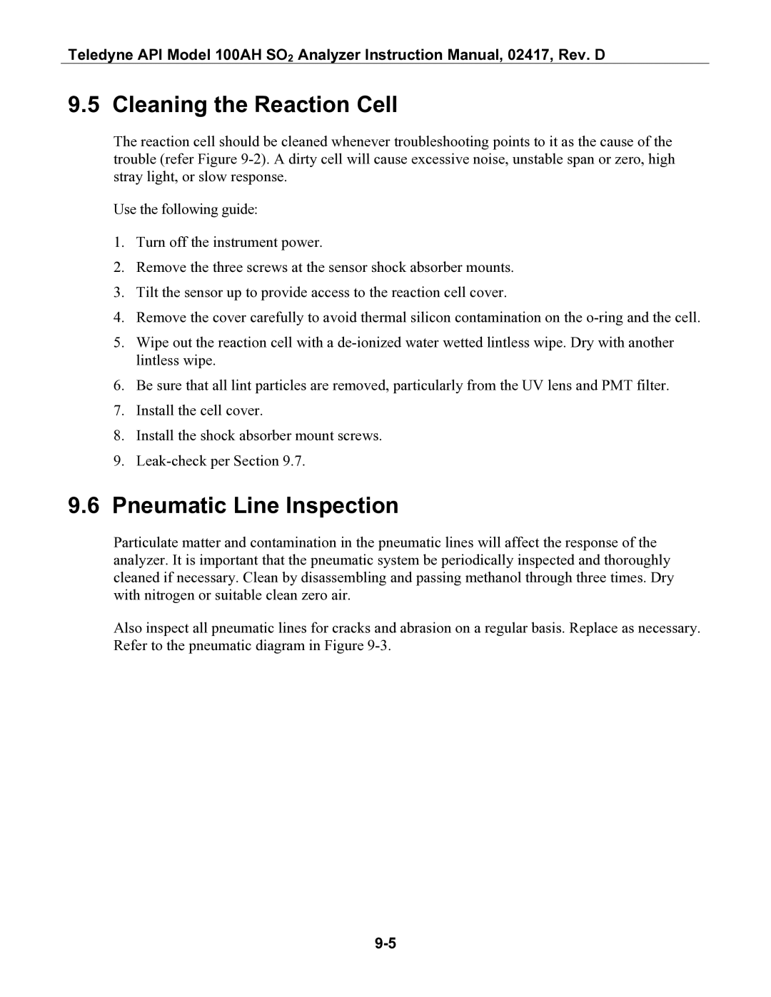 Teledyne 100AH instruction manual Cleaning the Reaction Cell, Pneumatic Line Inspection 